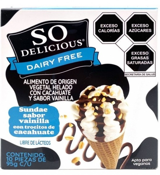 Conos de Helado Vegano Sundae Vainilla con Trocitos de Cacahuate So Delicious 10 pzas de 95 g c/u