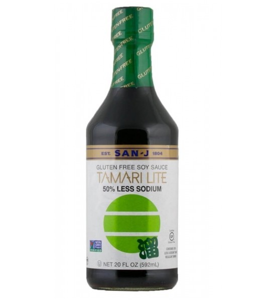 San J, Salsa de Soya Tamari Lite, 50% Menos Sodio, Sin Gluten, 592 ml